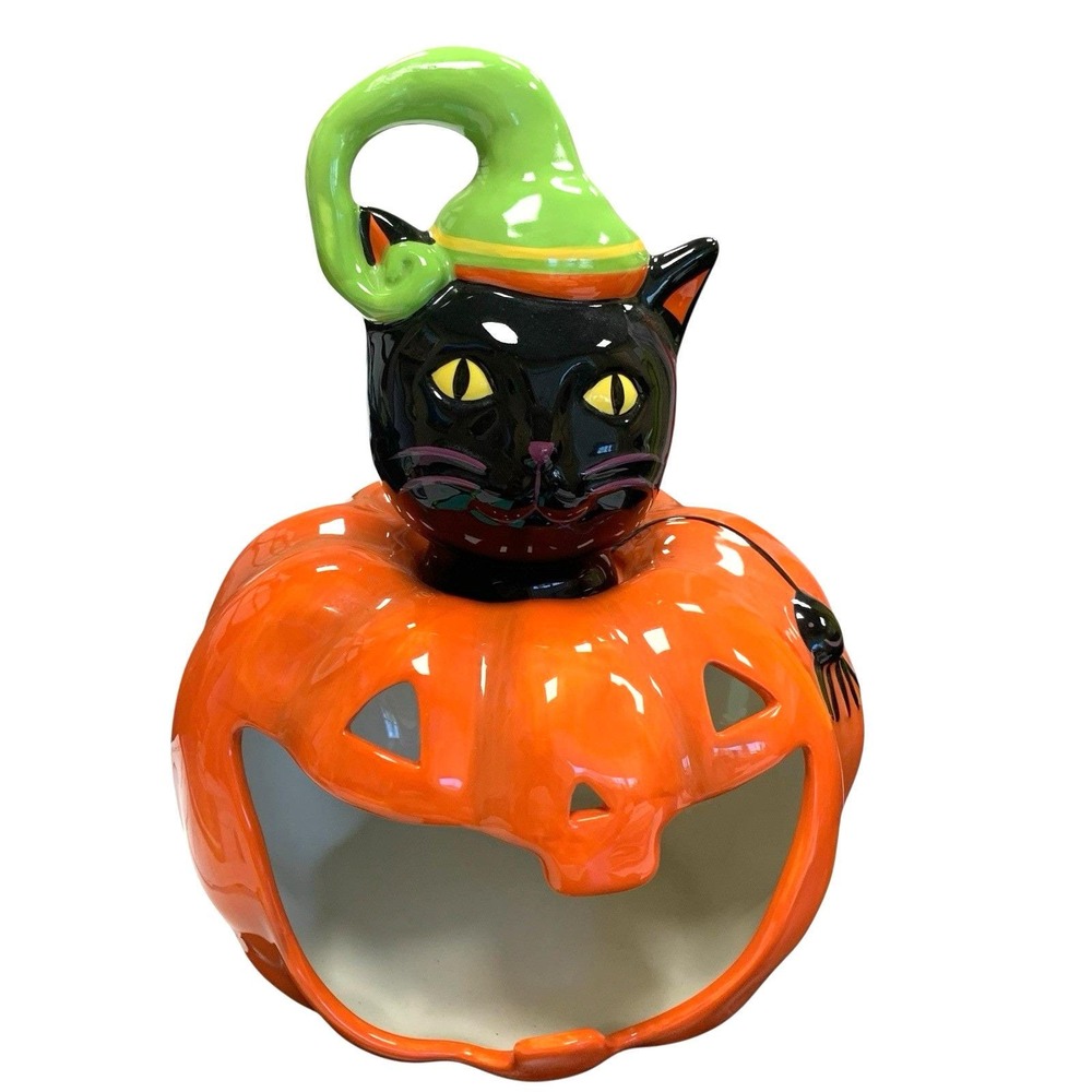HAPPY HALLOWEEN Candle/Candy Holder Pumpkin Black Cat Ceramic Glossy Spooky
